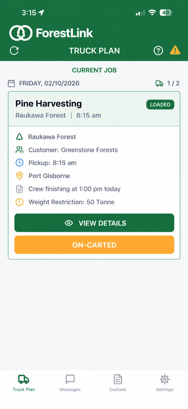 ForestLink driver app on mobile