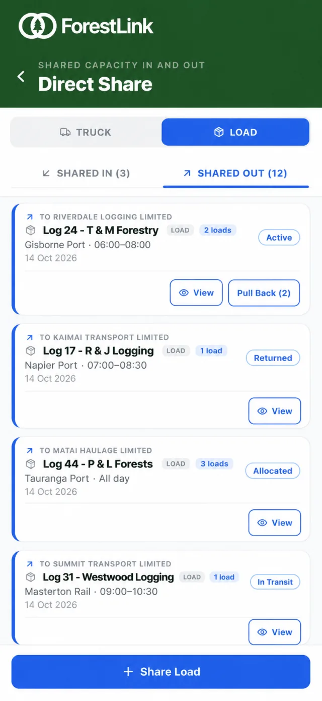 ForestLink truck sharing app on mobile
